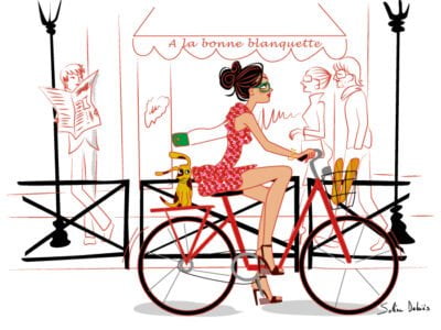 illustration of a french parisian woman on her bike in Paris
