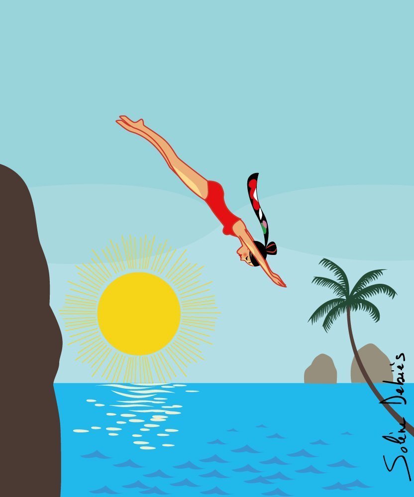 a poster of a woman diving in a tropical sea