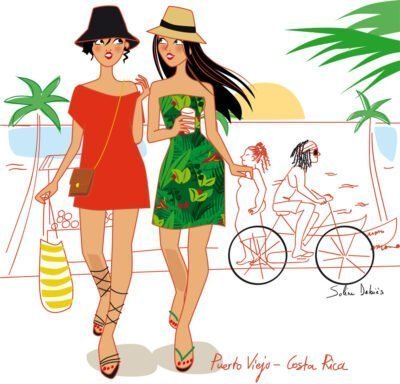 illustration lifestyle de 2 femmes dans un village des caraïbes, puerto viejo, Costa Rica