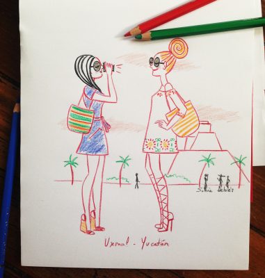 illustration de 2 amies en, voyage au mexique, avec petites robes légères à motifs colorés