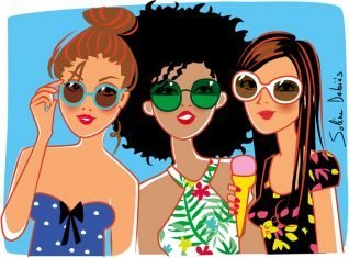 illustration filles en vacances avec glaces