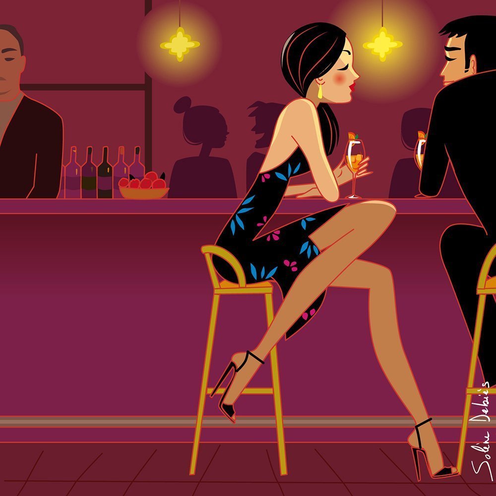 characters illustration: a couple in love in a bar, with a cosy light ambiance