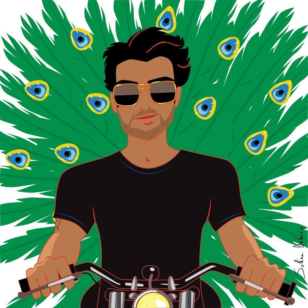 editorial illustration of a man peacocking on a moto for the magazine Harper's bazaar India