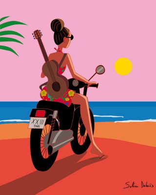 affiche femme moto mer