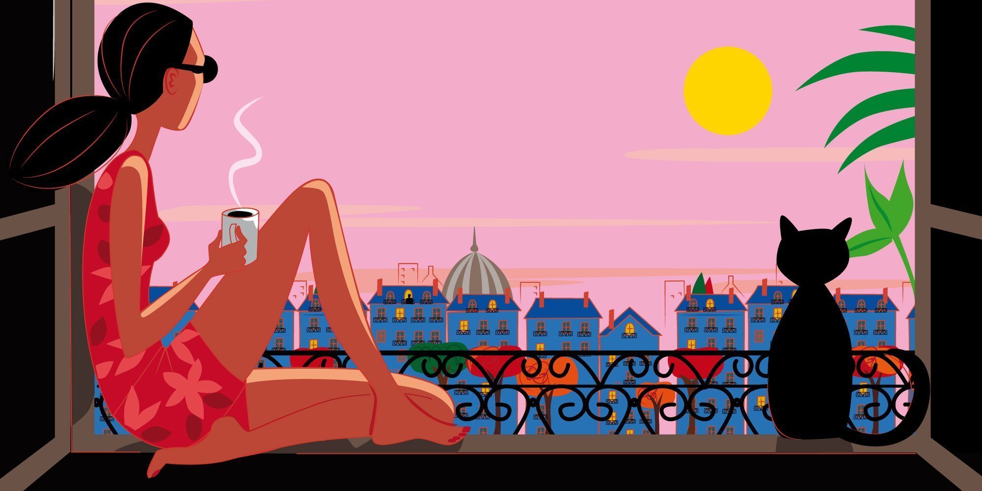 femme méditation Paris soleil couchant chat
