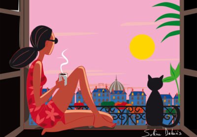 femme coucher soleil toits paris chat