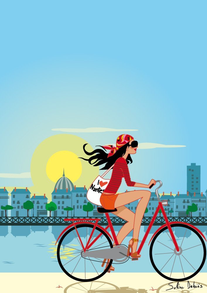 affiche graphique de femme sur un vélo à nantes 