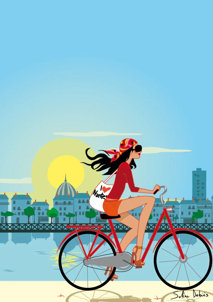 affiche-nantes-ville affiche graphique de femme sur un vélo à nantes