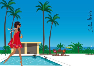 a woman and a swimming pool in a holidays atmosphere, to illustrate the lifestyle blog