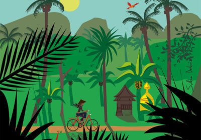 a woman is biking in an asian jungle, to illustrate the travel portfolio