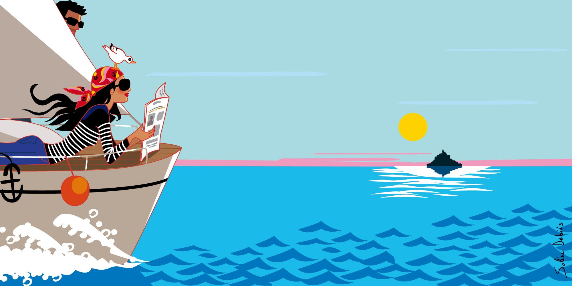 woman-boat-landscape a woman on a boat, landscape style