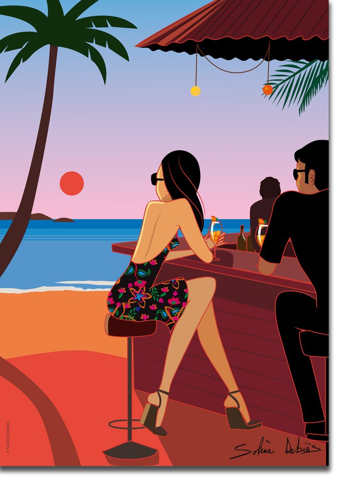 poster coucher soleil plage couple bar