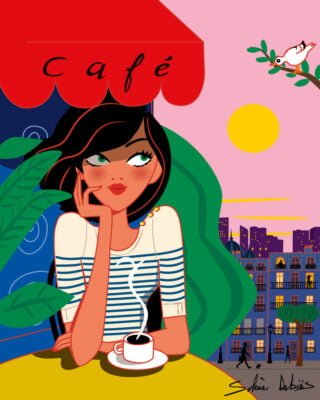 illustration of a woman in a café in a city