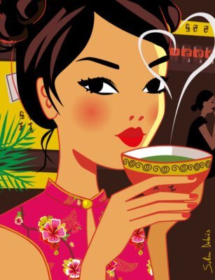portrait de femme asiatique buvant un thé 