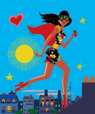 illustration femme héroïne court sur les toits de Paris