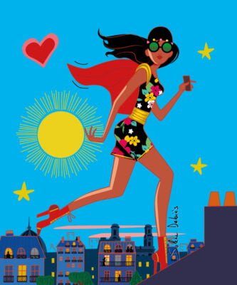a heroine flying above rooftops