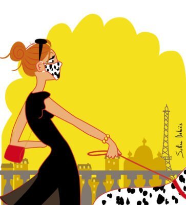 dessin de femme avec masque assorti à son chien