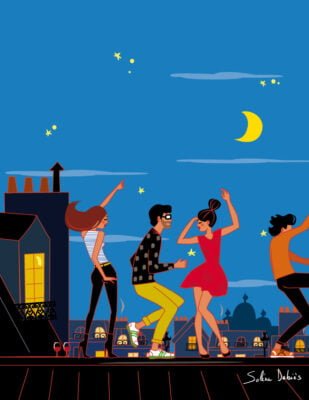 illustration of people dancing on Paris rooftops