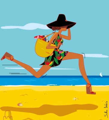 woman running on a beach with big legs : humour drawing