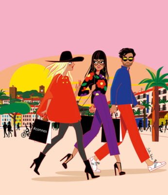 Illustration de l'affiche "Sales & the city" à Cannes : 2 hommes et une femme faisant du shopping au Suquet
