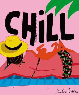 graphic illustration of a woman chill with a small dog