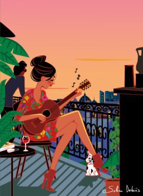 femme faisant de la guitare sur terrasse à Paris