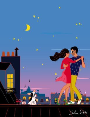 2 lover dancing on Paris roofs
