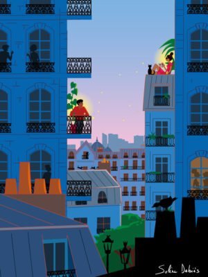 A man and a woman in Paris buildings