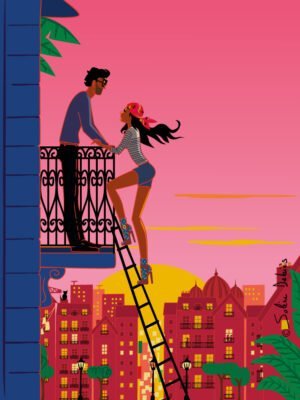 Saint-Valentin illustration femme qui monte sur échelle vers homme