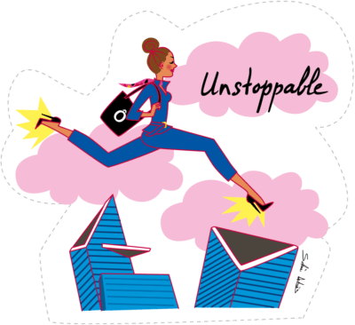 Sticker pour Lancôme US : femme qui court au-dessus d'immeubles