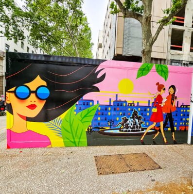 Artiste-fresque-murale-Immobilier-Lyon création artistique d'une palissade illustrée pour le chantier Primatvera à Lyon
