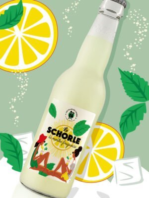 Design and illustration of a packaging label for The Schorle "Menthe fougueuse"