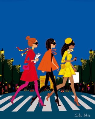 3 women walking in the Champs-Elysées, Paris, in the night