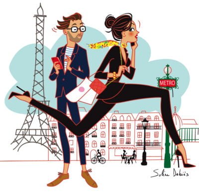 a parisian woman running, a man behind in Paris