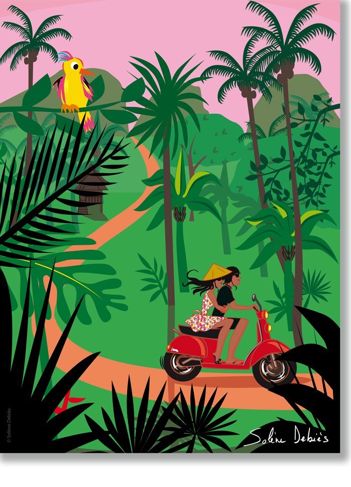Un poster de voyage en scooter dans la forêt tropicale