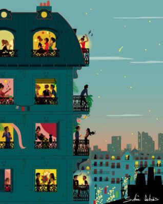 Un immeuble parisien et des personnages qui font la fête et regardent le paysage et le coucher de soleil sur la ville