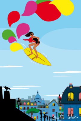 femme sur un surf au-dessus d'une ville