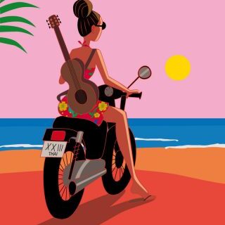 affiche femme moto mer